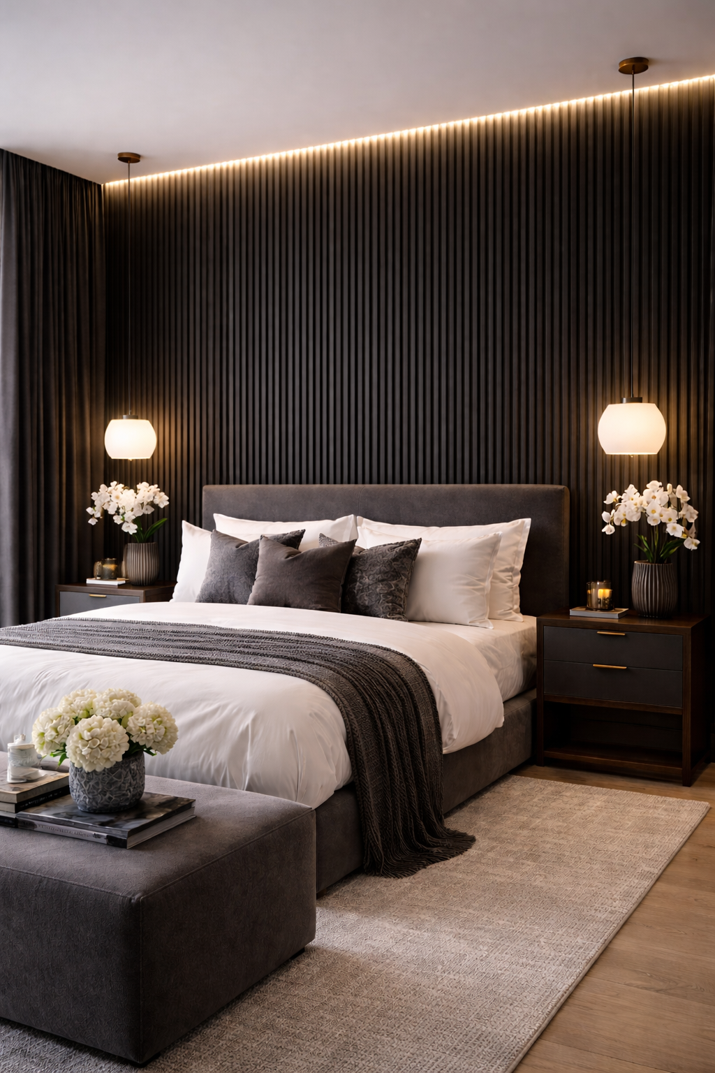 Elegante slaapkamer met donkere accenten