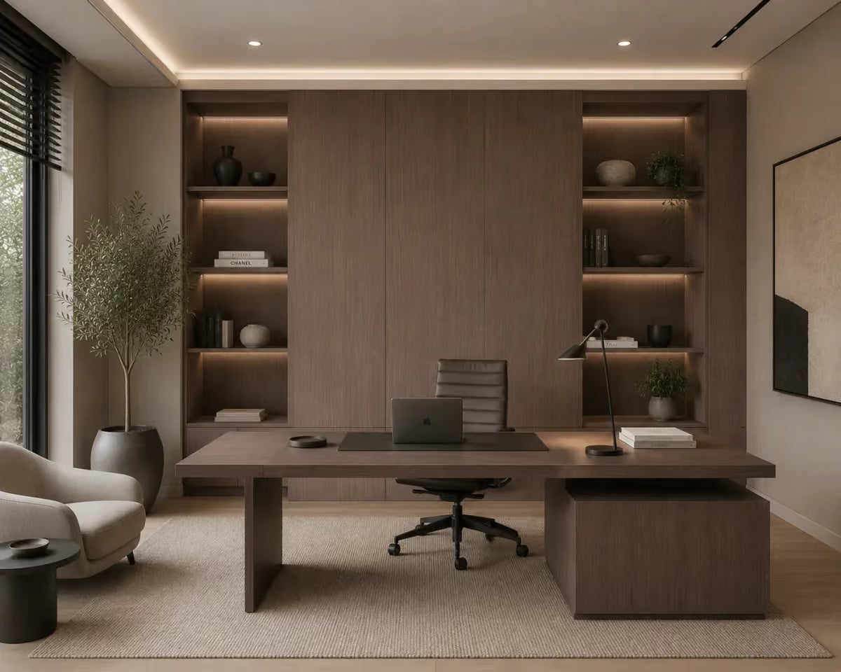 Sfeerbeeld van een modern kantoor met mokkakleurige wandpanelen achter het bureau