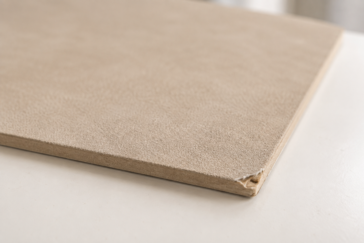 AI-voorbeeldafbeelding van een licht beschadigde hoek van een beige suèdepaneel; de werkelijke beschadiging verschilt per paneel.