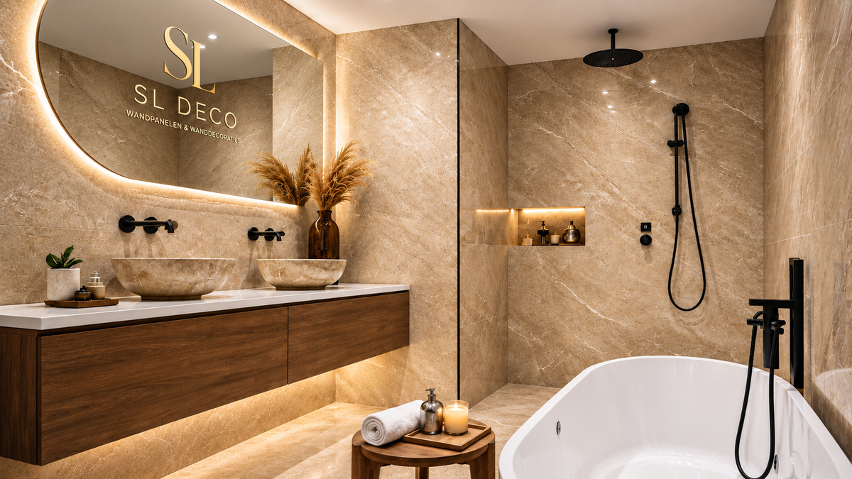 Luxe badkamer met beige marmerlook wandpanelen, houten wastafelmeubel en vrijstaand bad – SL Deco
