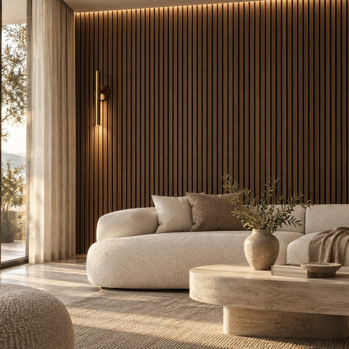 AI-sfeerbeeld van een luxe woonkamer met warme houten akoestische wandpanelen