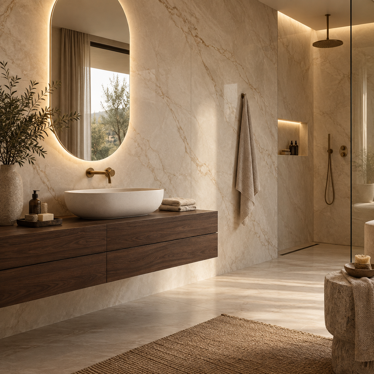 AI-sfeerbeeld van een luxe badkamer met beige marmerlook wandpanelen